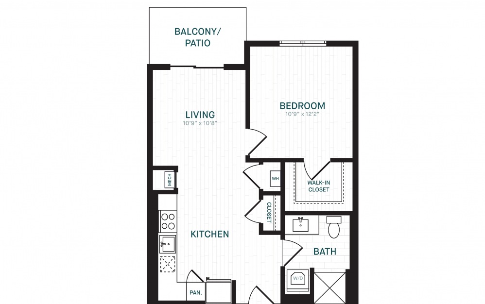 B-2 - 1 bedroom floorplan layout with 1 bath and 653 square feet.