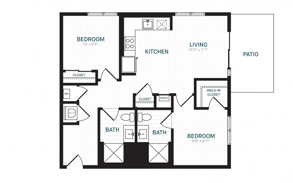 C-1 - 2 bedroom floorplan layout with 2 baths and 884 square feet.