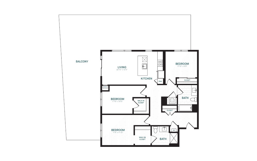 D-3 - 3 bedroom floorplan layout with 2 baths and 1293 square feet.