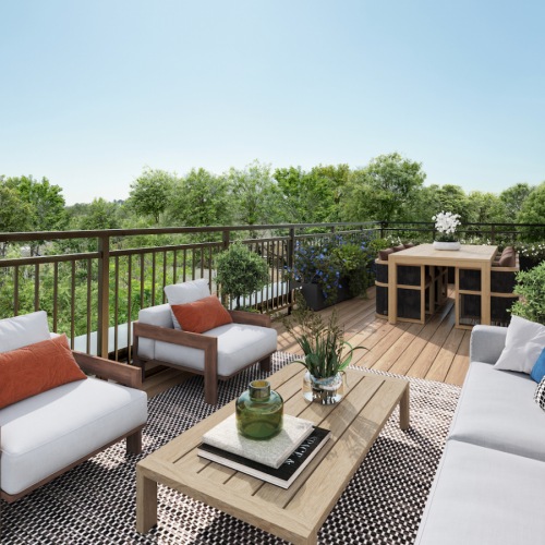 Expansive wrap around balcony with a dining area, separate lounge seating area, and views of Boston 