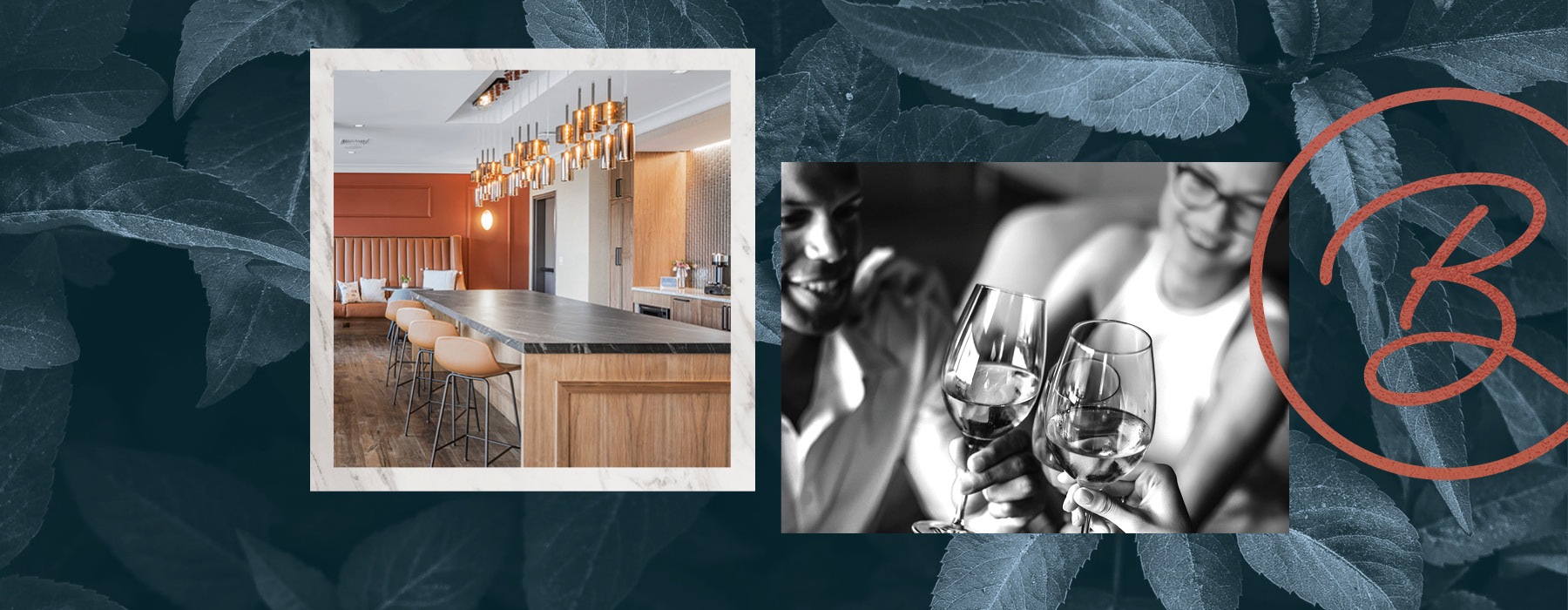 edited image of a modern kitchen and a lifestyle image of wine glasses