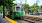 Train station near our apartments for rent in Brookline, featuring a green train arriving at Washington Square Boston